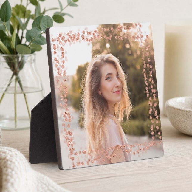 Placa Expositora Fondo de Corazones de Oro Rosa Foto (Rose Gold Hearts Border Photo Plaque)