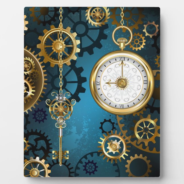 Placa Expositora Fondo turquesa de vapor con engranajes (Frente)