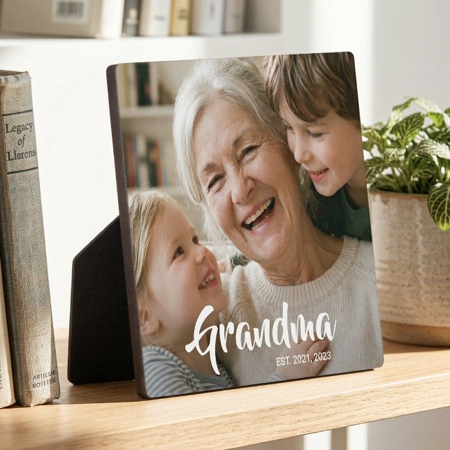 Placa Expositora Foto de Abuela Personalizada con Letra Moderna (Grandma Established Script Photo Plaque)
