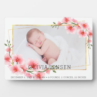 Placa Expositora Foto de bebé niña con floral acuarela rosa lindo o