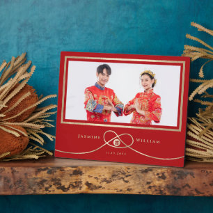Placa Expositora Foto de Boda chino con doble hastia de nudo dorado