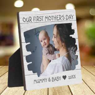 Placa Expositora Foto de Mamá y Bebé Primer Día de la Madre Madera