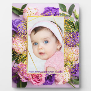 Placa Expositora Foto de niña bebé con acuarela floral dorada rosa 