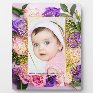 Placa Expositora Foto de niña bebé con acuarela floral dorada rosa 