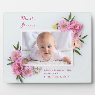 Placa Expositora Foto de niña bebé con acuarela floral rosa linda b
