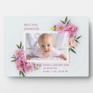 Placa Expositora Foto de niña bebé con flores acuarelas rosadas y b