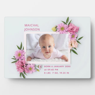 Placa Expositora Foto de niña bebé con flores acuarelas rosadas y b