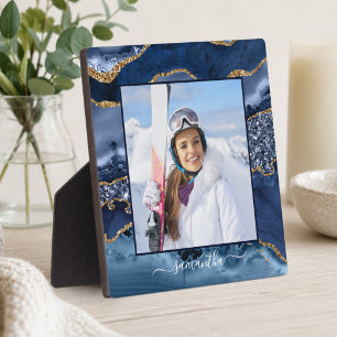 Placa Expositora Foto de nombre elegante con brillo dorado y azul m