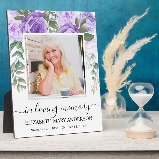 Placa Expositora Foto de Recuerdo Floral Púrpura En Memoria Amada (Lado)