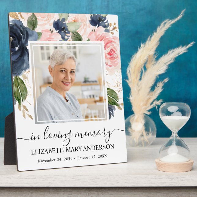 Placa Expositora Foto en memoria con flores rosadas y azul marino (Lado)