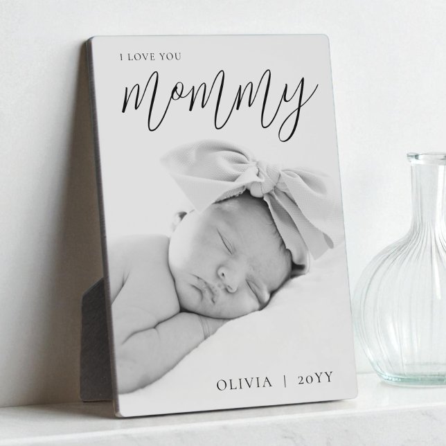 Placa Expositora Foto personalizada de Modern Black Script con el t (Modern Black Script Custom I Love You Mommy Photo Plaque)