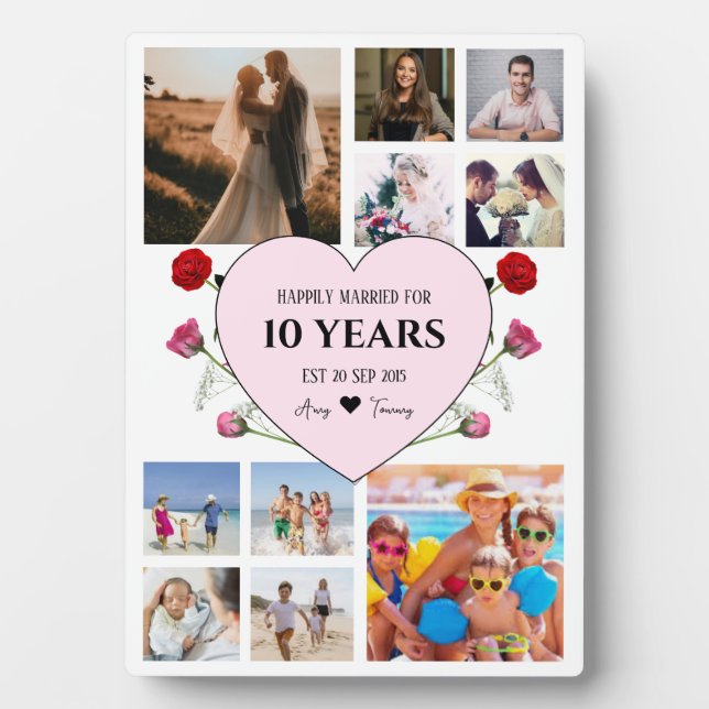 Placa Expositora Fotos del aniversario con corazón rosado y Rosas (Frente)
