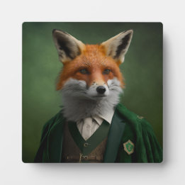 Placa Expositora Fox roja en un traje verde para el Día de San Patr