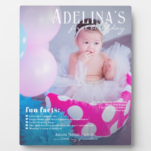 Placa Expositora Fun Facts Baby's 1er Birthday Magazine Cover Style (Frente)