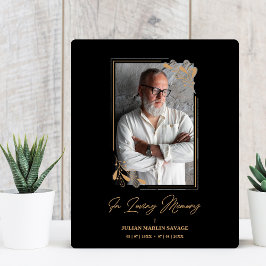 Placa Expositora Funeral Negro Ramas Doradas Falsas Foto Recuerdo