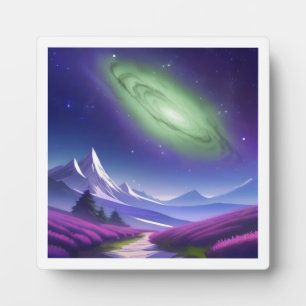 Placa Expositora Galaxia verde cósmica sobre el paisaje de la monta