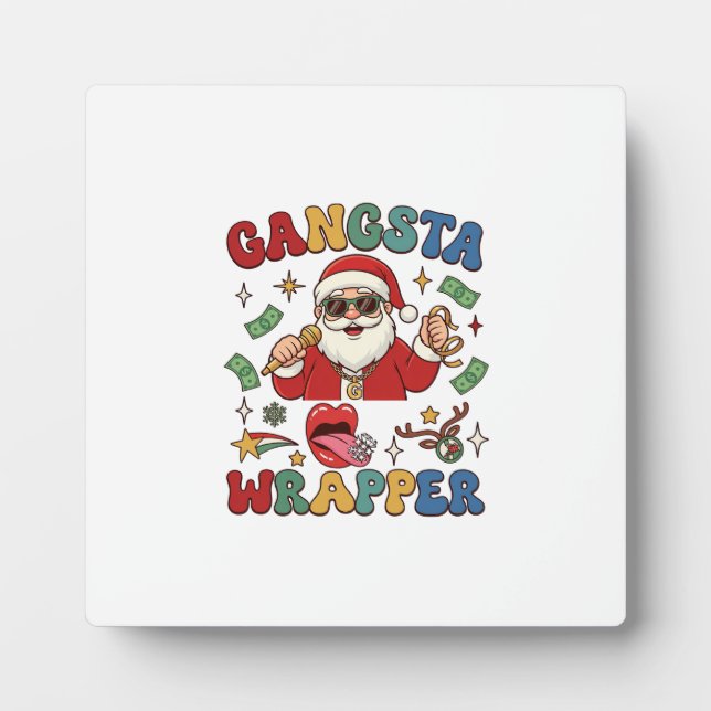 Placa Expositora Gangsta Wrapper Santa de Navidad Micrófono Dinero (Frente)