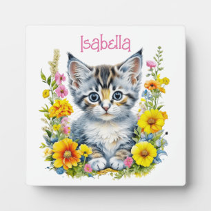 Placa Expositora Gatito acuarela en flores personalizadas