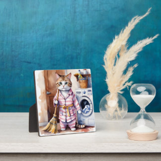 Placa Expositora Gato Adorable con Pijama Haciendo Laundry Divertid