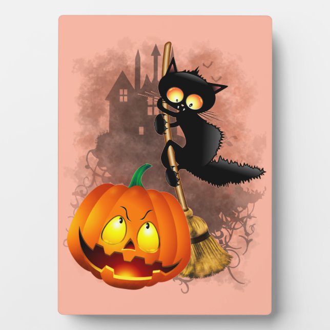 Placa Expositora Gato asustado por un personaje de Halloween divert (Frente)