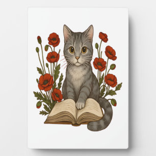 Placa Expositora Gato bibliófilo � Gato lindo leyendo con amapolas