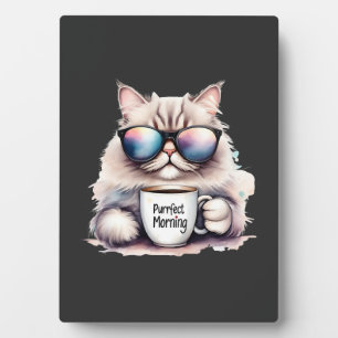 Placa Expositora gato con gafas de sol y sosteniendo una taza de ca