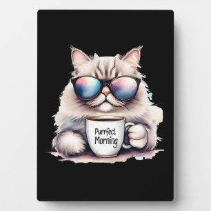 Placa Expositora gato con gafas de sol y sosteniendo una taza de ca