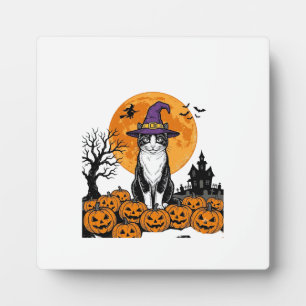 Placa Expositora Gato de Halloween Bruja Calabaza Vintage Espeluzna