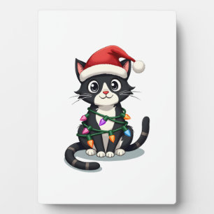Placa Expositora Gato de Navidad Esmoquin gato negro luces de navid