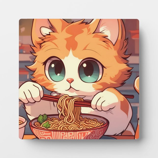 Placa Expositora Gato lindo comiendo fideos de Ramen (Frente)