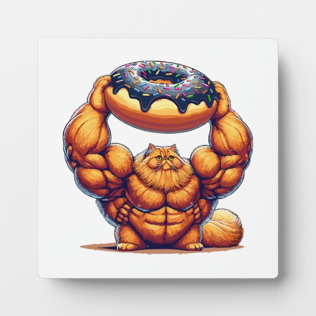 Placa Expositora Gato musculoso levantando donut (Frente)