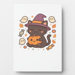 Placa Expositora Gato Negro Adorable con Sombrero de Bruja – Kawaii