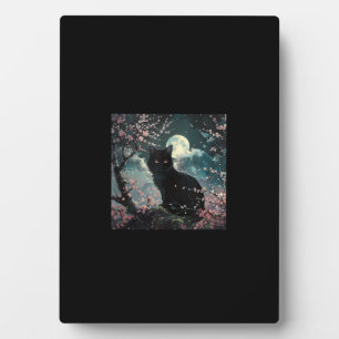 Placa Expositora Gato negro bajo la luna roja con flores de sakura
