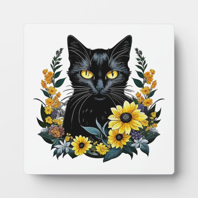 Placa Expositora gato negro con flores (Frente)