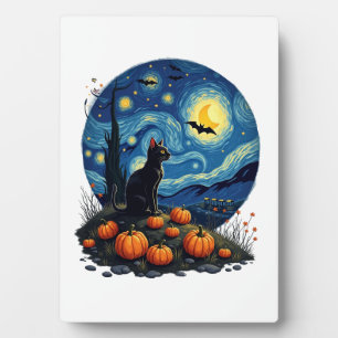 Placa Expositora Gato negro de Halloween Gato nocturno estrellado A
