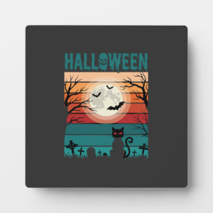 Placa Expositora Gato Negro De Halloween Luna Cementerio Retro Vect