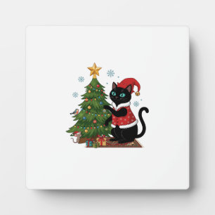 Placa Expositora Gato Negro de Navidad Sombrero de Santa Claus Árbo