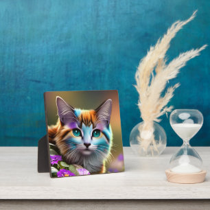 Placa Expositora gato y flores de calico azul y óxido