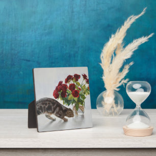 Placa Expositora Gato y Rosas Rojas – Impresión de Pintura al Óleo