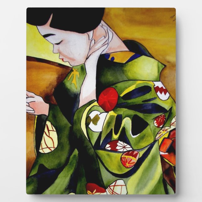 Placa Expositora Geisha cute con kimono verde arte original (Frente)