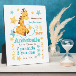Placa Expositora Género Neutral Cute Giraffe Stars Baby Stats