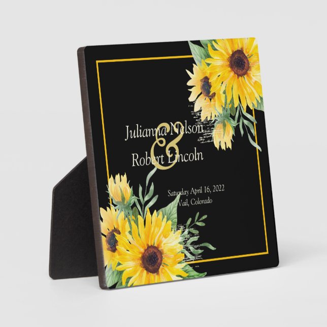 Placa Expositora girasoles color agua en boda negro (Anverso)