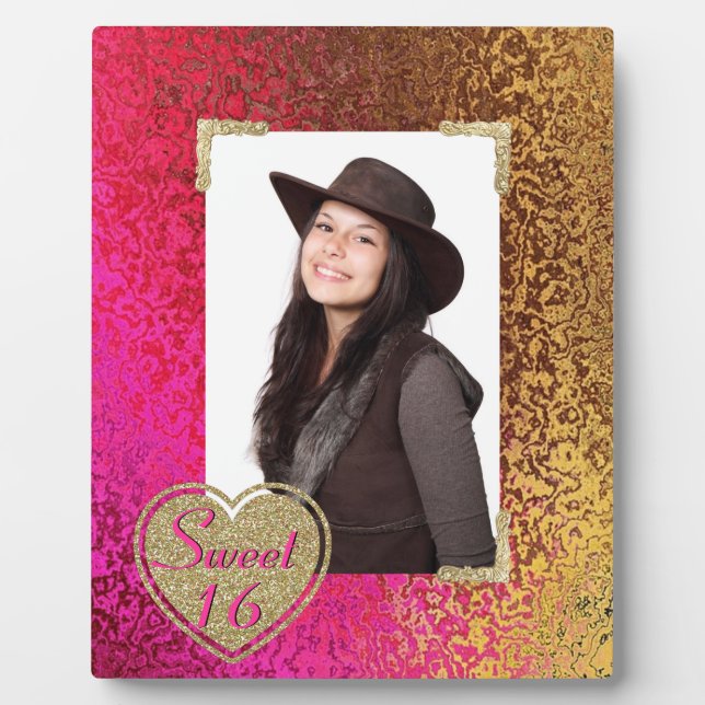 Placa Expositora Glitz Pink & Gold Sweet 16 Photo Plaque (Frente)