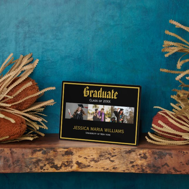 Placa Expositora Gold Script Name School Photo collage Graduation  (Lado)