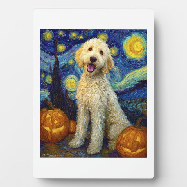 Placa Expositora Goldendoodle Perro Lindo Halloween Jack O Lantern  (Frente)