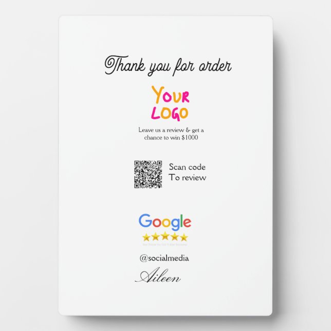 Placa Expositora Google review business logo website scan QR code (Frente)