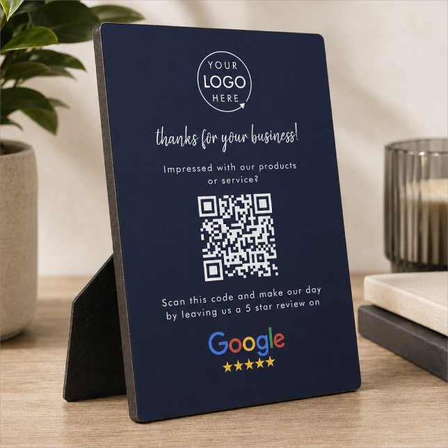 Placa Expositora Google Revisa la marina de códigos QR de Business  (Google Review interactive QR code tabletop easel plaque sign branded with your company logo.)