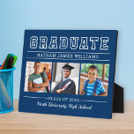 Placa Expositora Graduación de foto de grado de la Marina Moderna B<br><div class="desc">Cartel de pantalla de placa de graduación fotográfica clásica 3 con rasgos de caballete de grado en negrita con texto personalizado moderno que se puede personalizar completamente con el nombre completo del graduado, el año de clase y el nombre de la escuela. Agregue tres imágenes favoritas del graduado a las...</div>