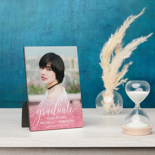 Placa Expositora Graduación de Foto Girly Purpurina Rosa Ombre Girl (Lado)