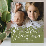 Placa Expositora Green We Love You Grandma Photo<br><div class="desc">Placa fotográfica personalizada de la abuela que incluye una preciosa foto familiar,  un diseño botánico de borde de corazón verde,  el dicho "te queremos abuela" y los nombres de los niños.</div>